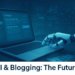 A robotic hand typing on a laptop with an AI-driven blogging interface, surrounded by futuristic holographic elements.