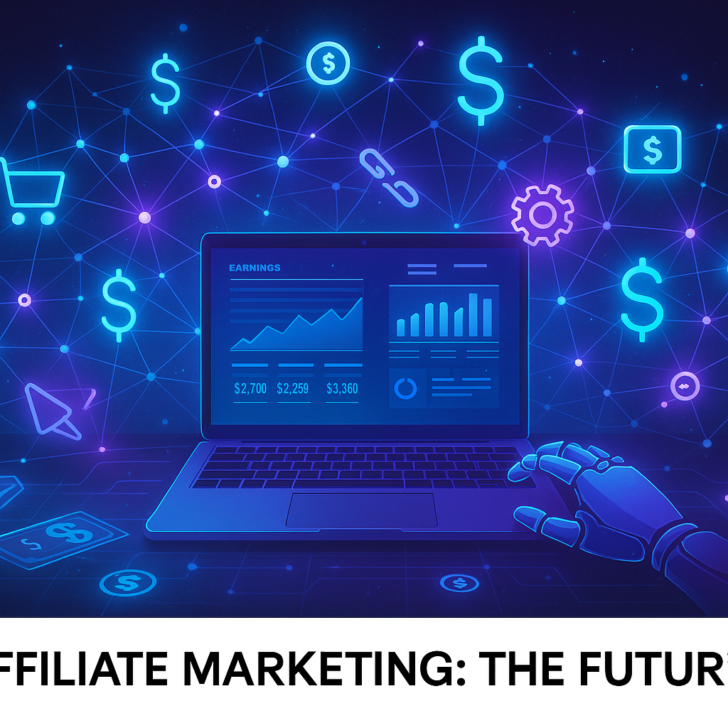 A laptop with an affiliate marketing dashboard, surrounded by glowing neon icons of money, shopping carts, and digital connections, symbolizing the future of digital marketing.
