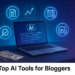 A laptop with an AI-powered blogging tool on the screen, surrounded by glowing neon icons for SEO, content writing, and analytics, symbolizing AI tools for bloggers.