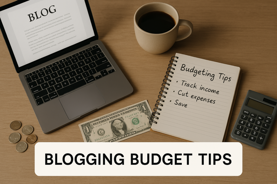 A wooden desk with a laptop, coffee, a budgeting notebook, a calculator, and money, representing financial planning for bloggers.