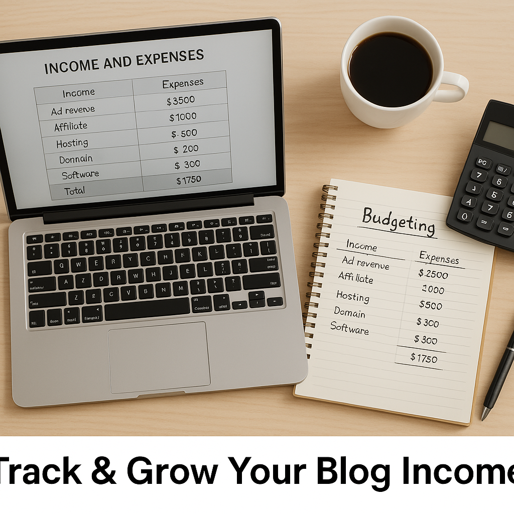 A laptop with a financial spreadsheet, a budgeting notebook, a calculator, and a coffee cup on a wooden desk, representing blogging income and expense tracking.