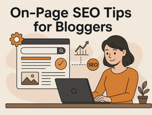 Woman blogging on laptop with SEO optimization icons and graphs in background.